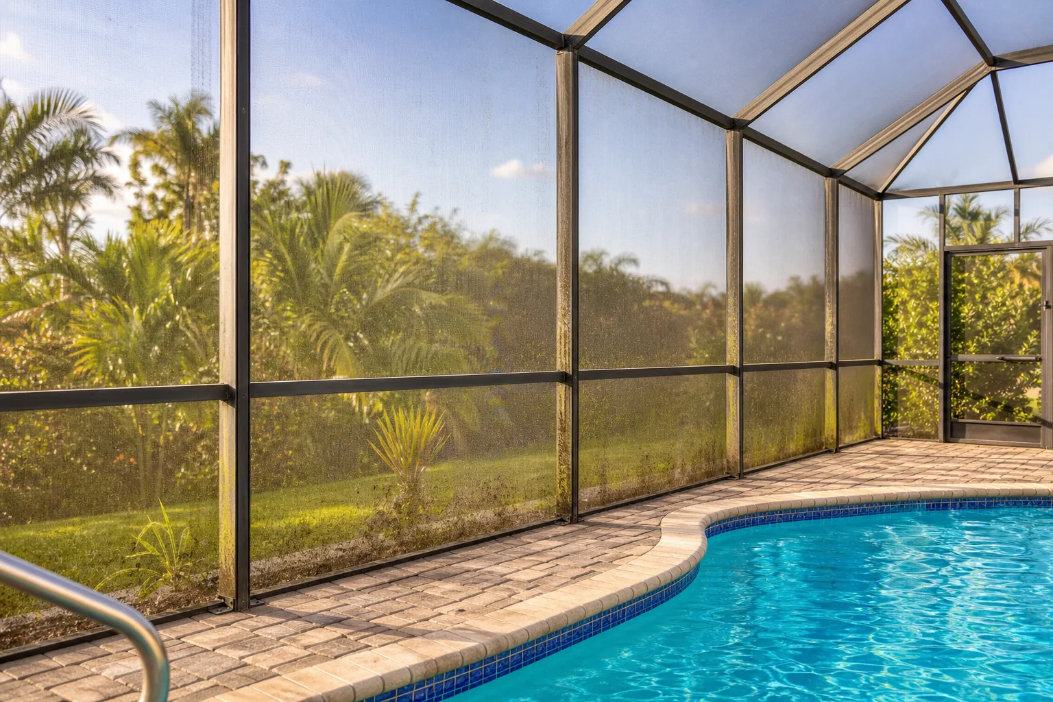 Green algae buildup on intact pool enclosure screen panels in Central Florida