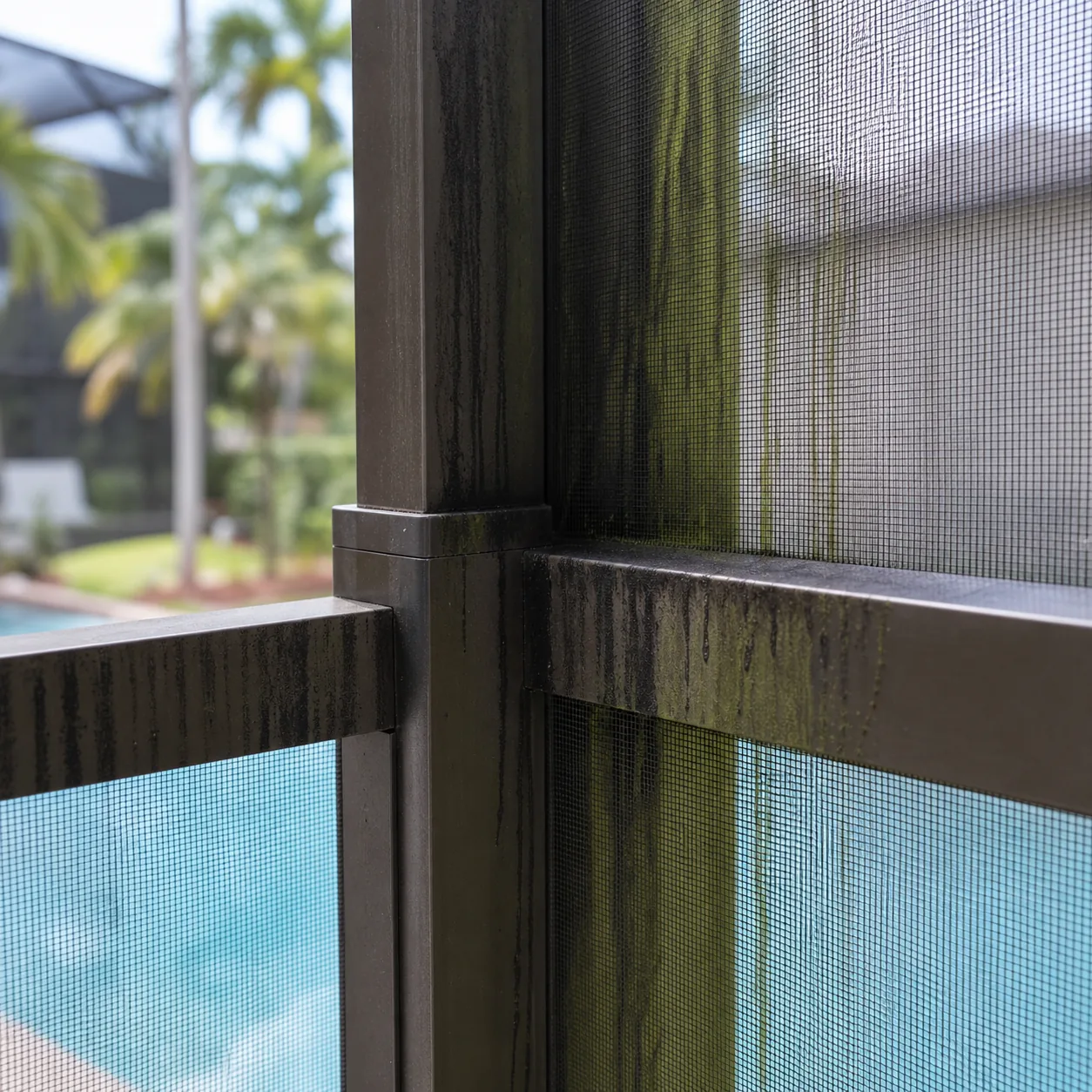 Black biological streaks and algae on an intact aluminum pool cage frame and mesh