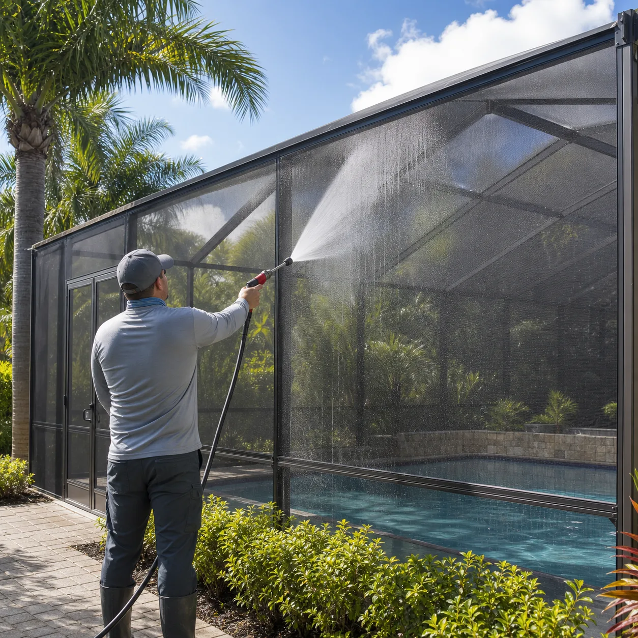Technician soft washing an intact Florida pool screen enclosure