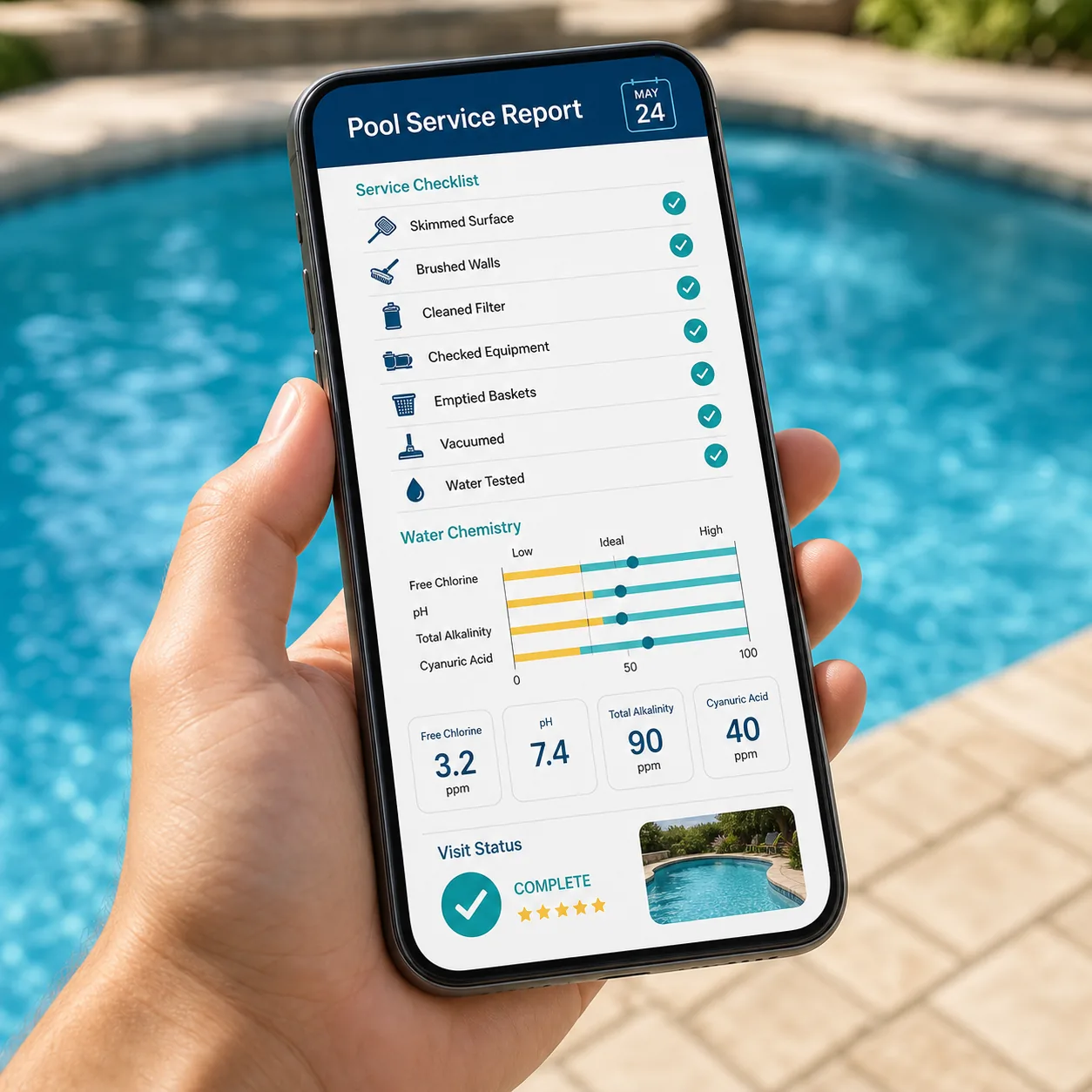 Smartphone displaying a completed pool service checklist and water chemistry report